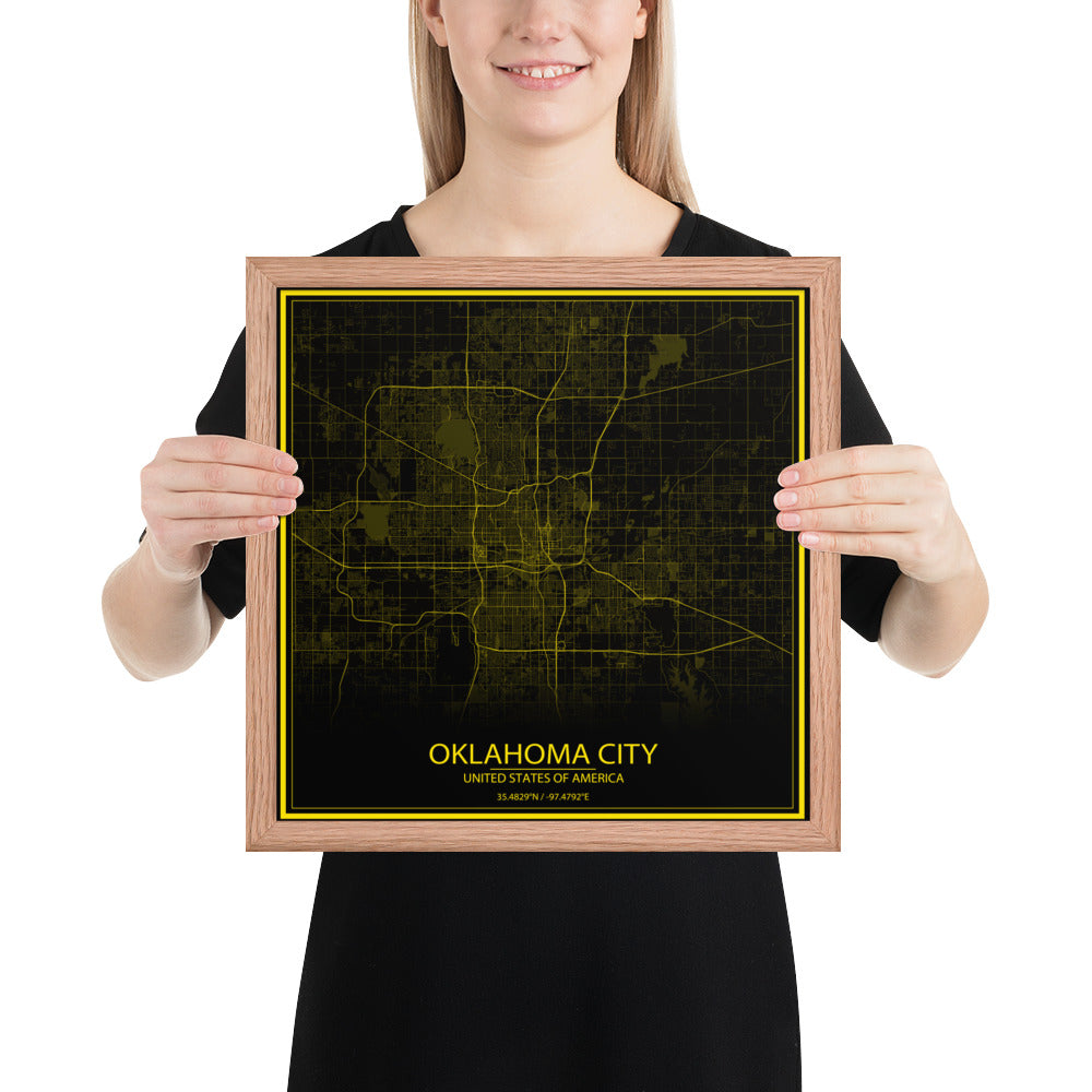 Oklahoma City Black and Yellow Framed Map