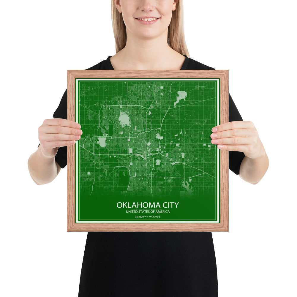 Oklahoma City Green and White Framed Map