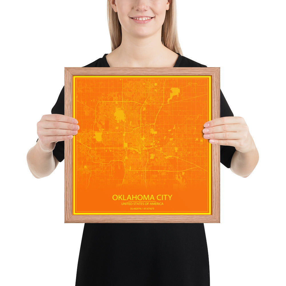 Oklahoma City Orange and Yellow Framed Map