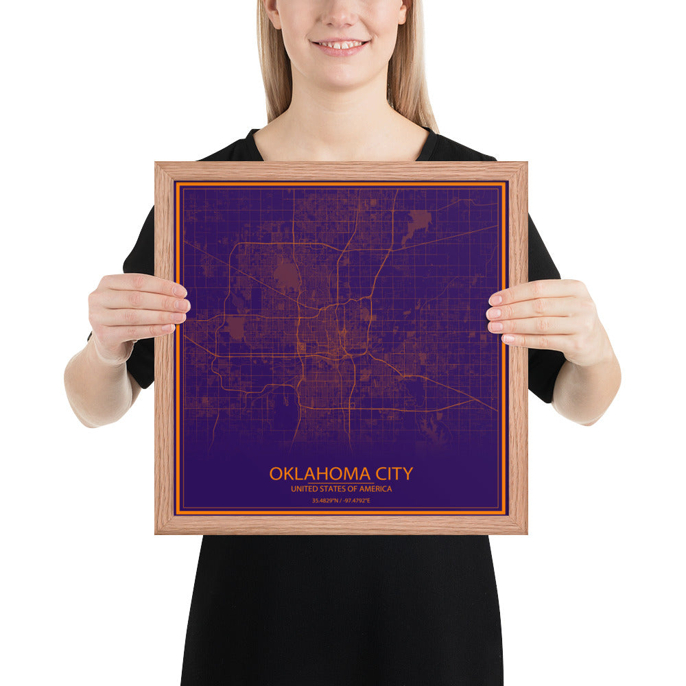 Oklahoma City Purple and Orange Framed Map