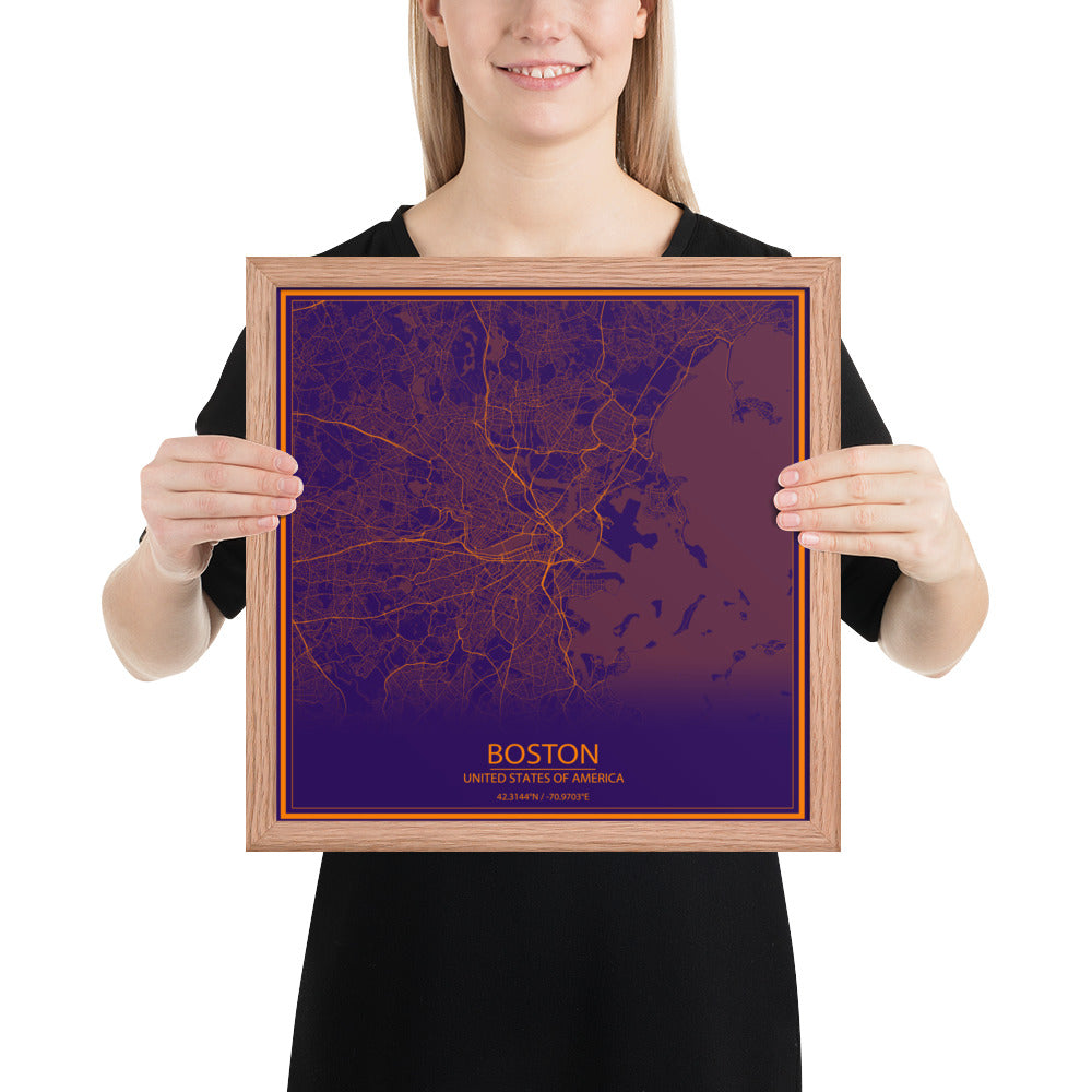 Boston Purple and Orange Framed Map