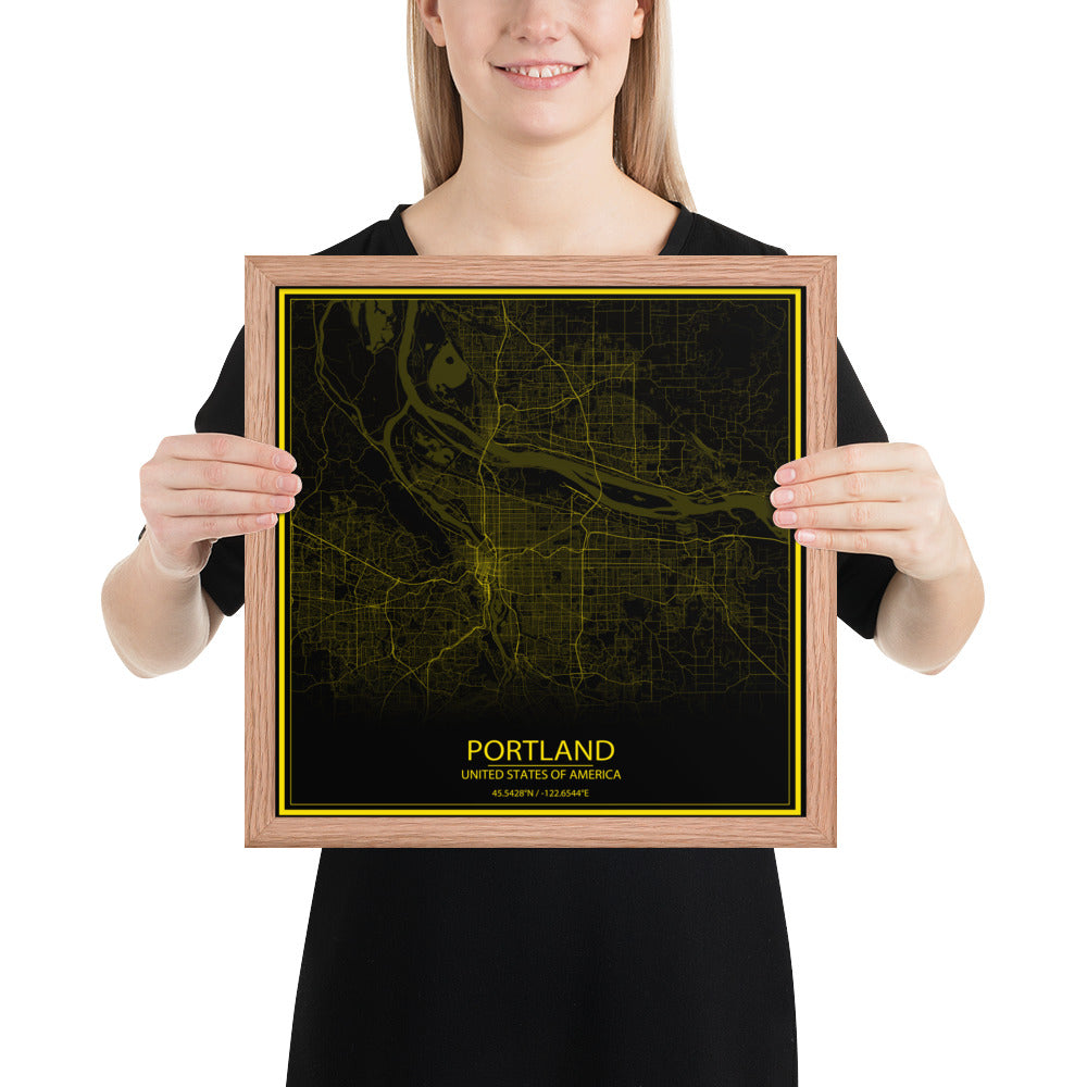 Portland Black and Yellow Framed Map