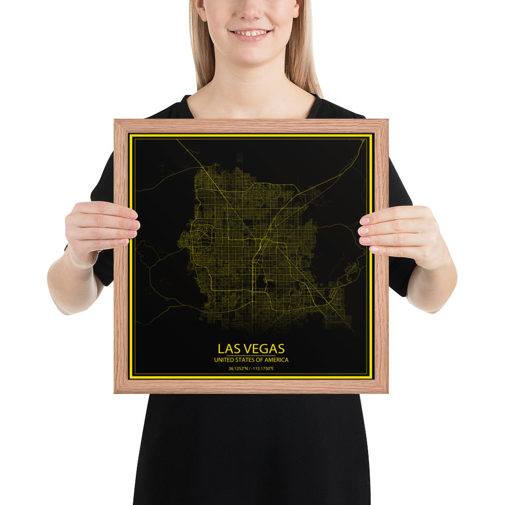 Las Vegas Black and Yellow Framed Map