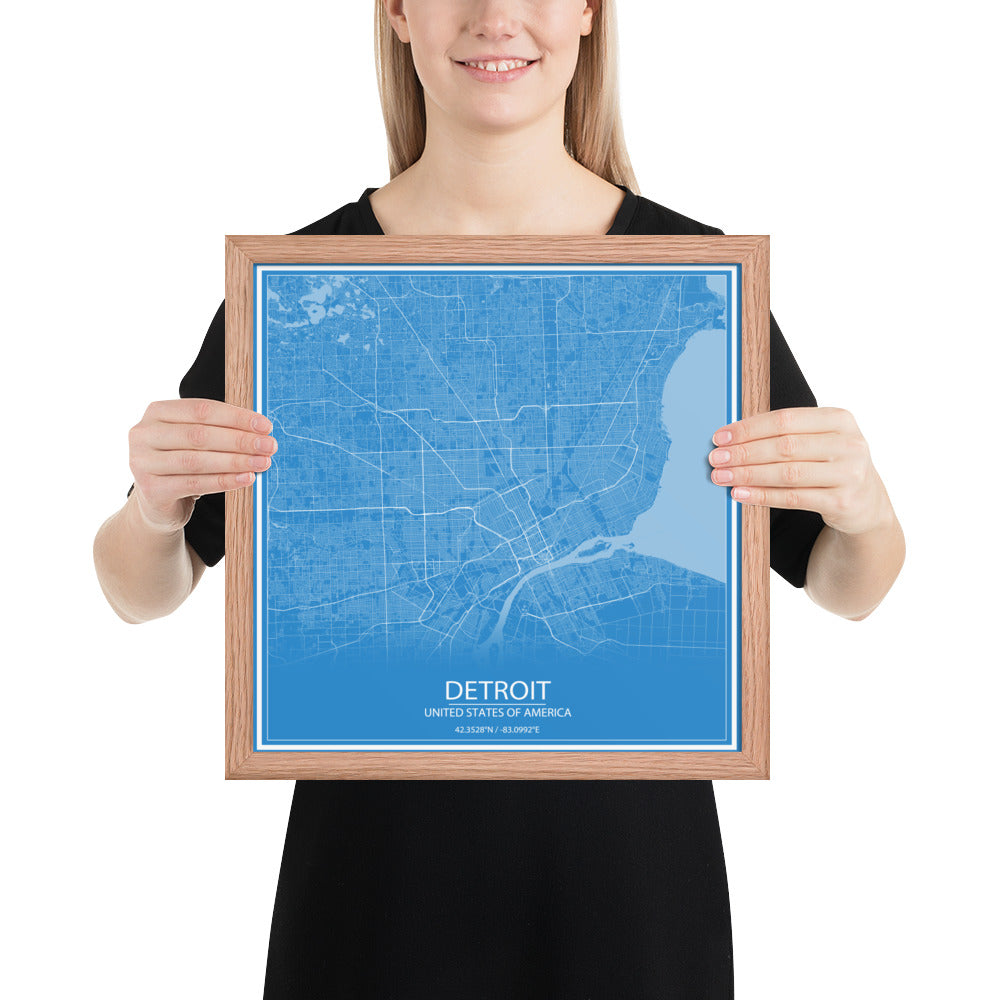 Detroit Blue and White Framed Map