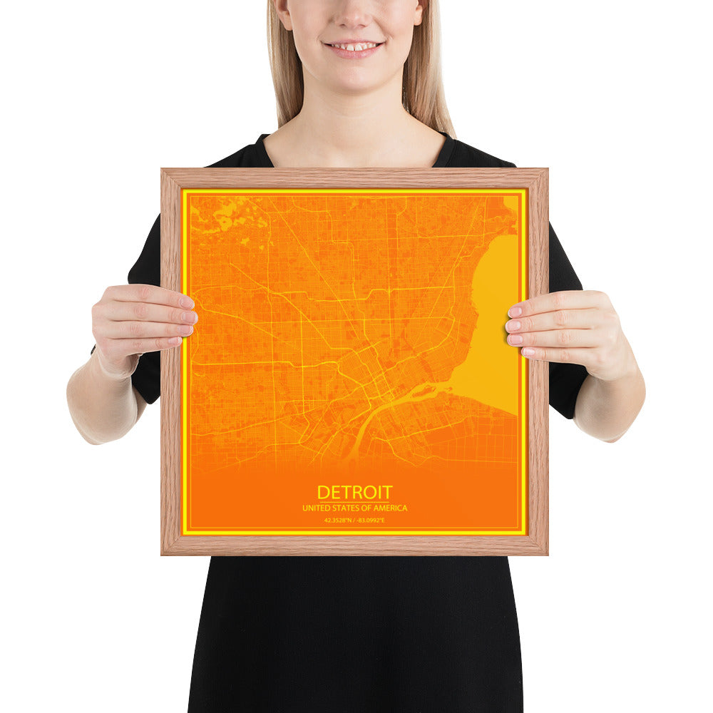 Detroit Orange and Yellow Framed Map