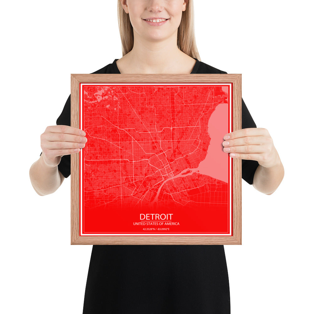 Detroit Red and White Framed Map