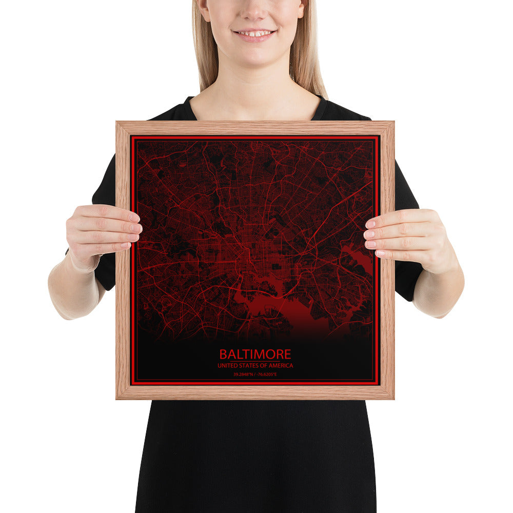 Baltimore Black and Red Framed Map