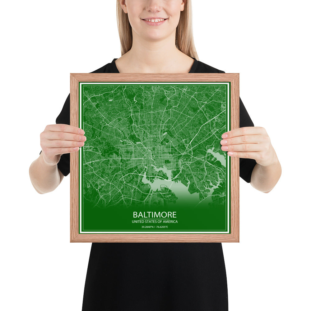 Baltimore Green and White Framed Map