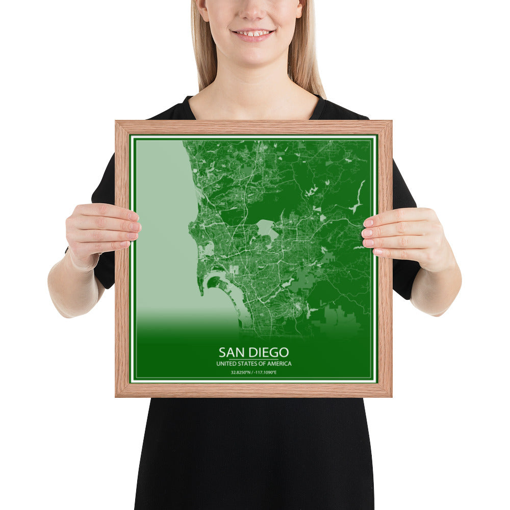 San Diego Green and White Framed Map