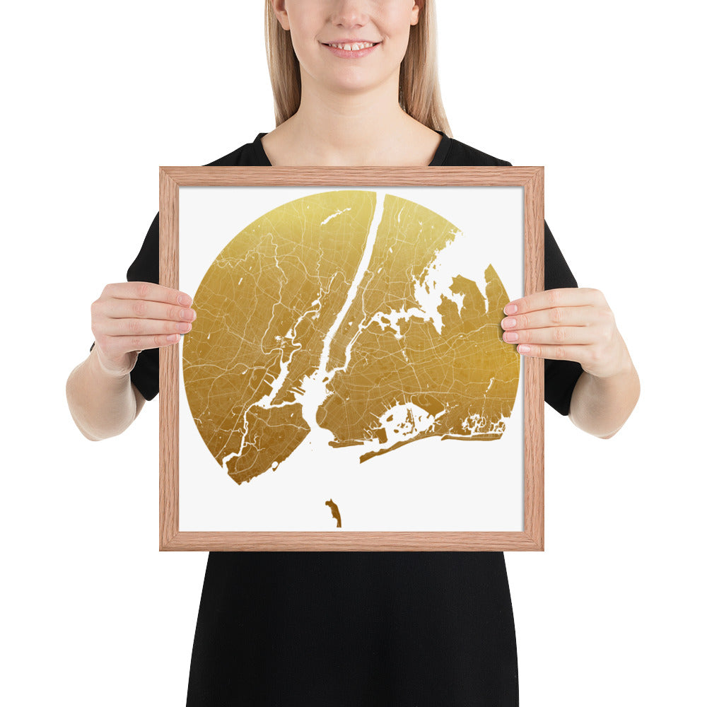 New York Gold on White Framed Map