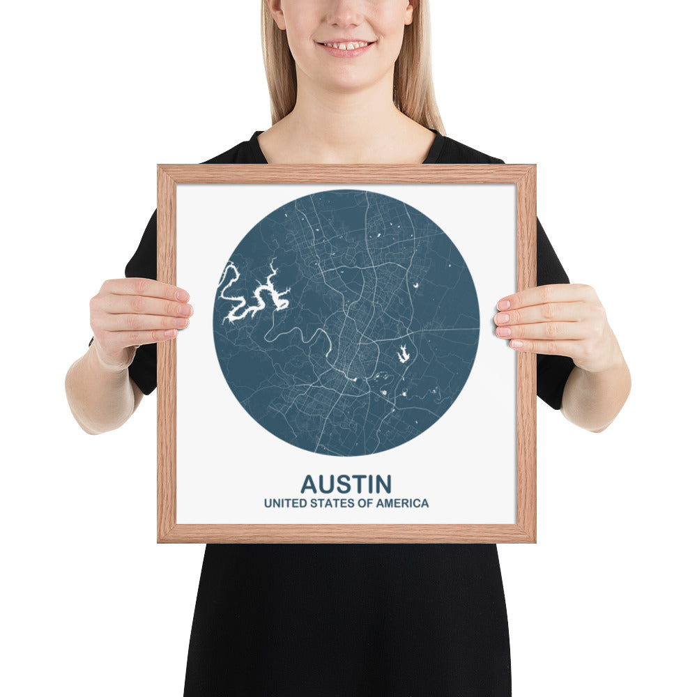 Austin Circular Blue Framed Map