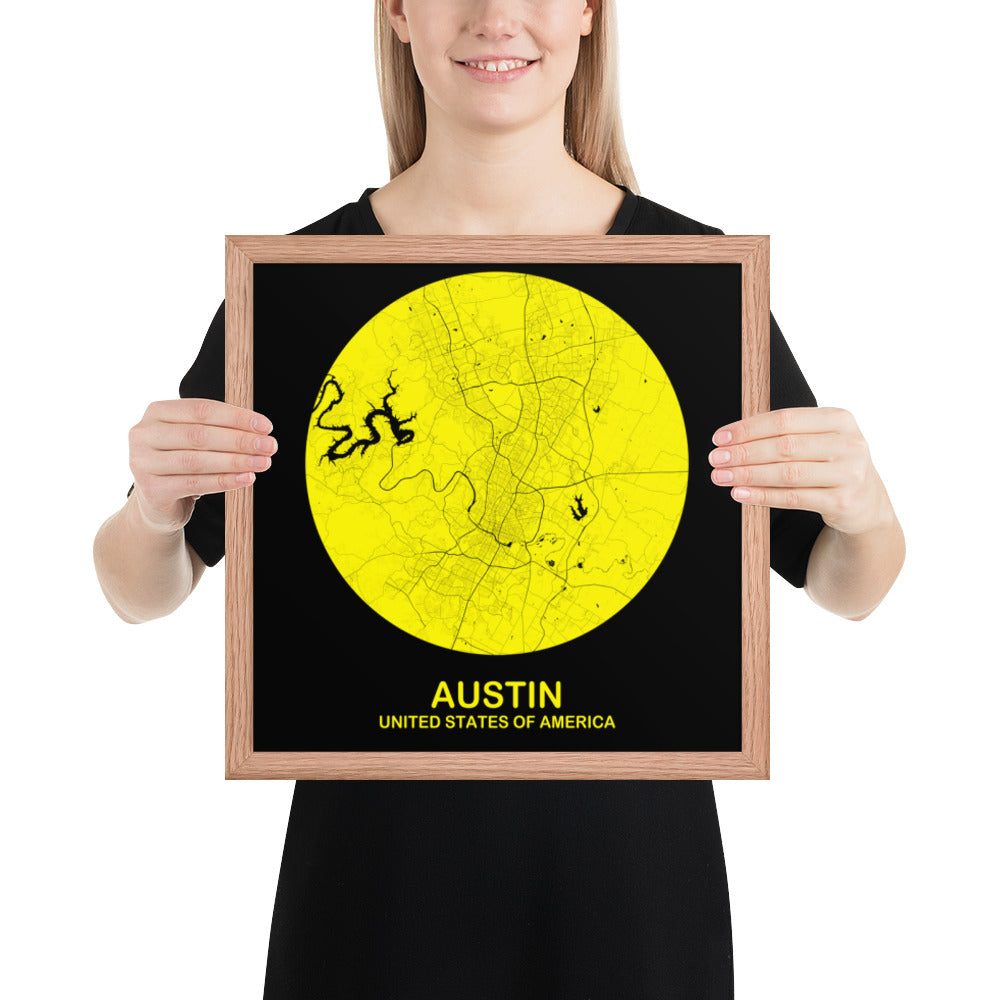 Austin Circular Yellow Framed Map