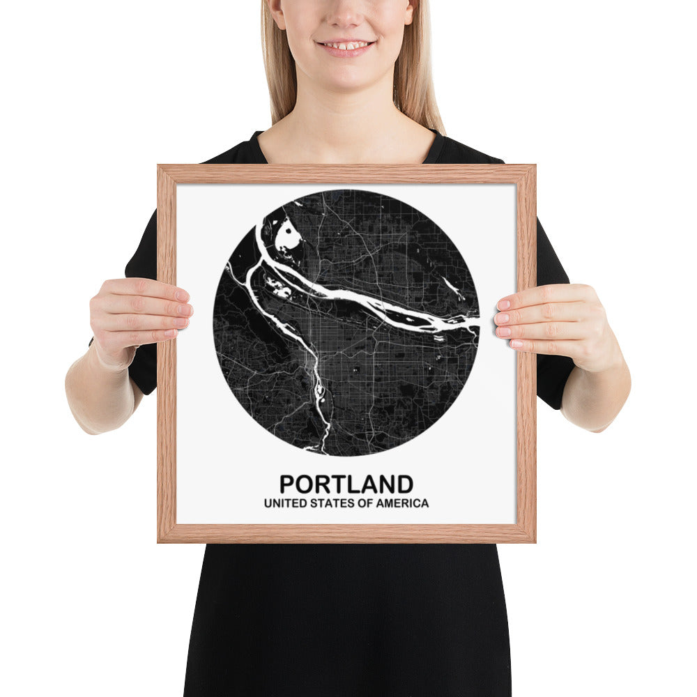 Portland Circular Black Framed Map