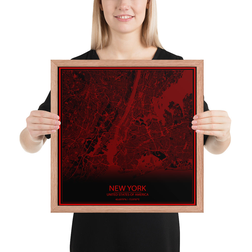 New York Black and Red Framed Map