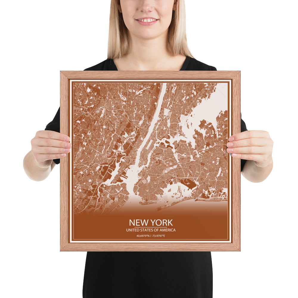 New York Brown and White Framed Map