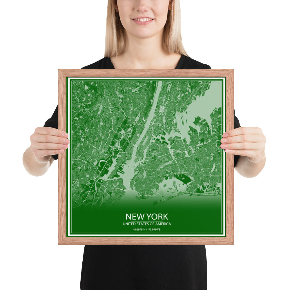 New York Green and White Framed Map