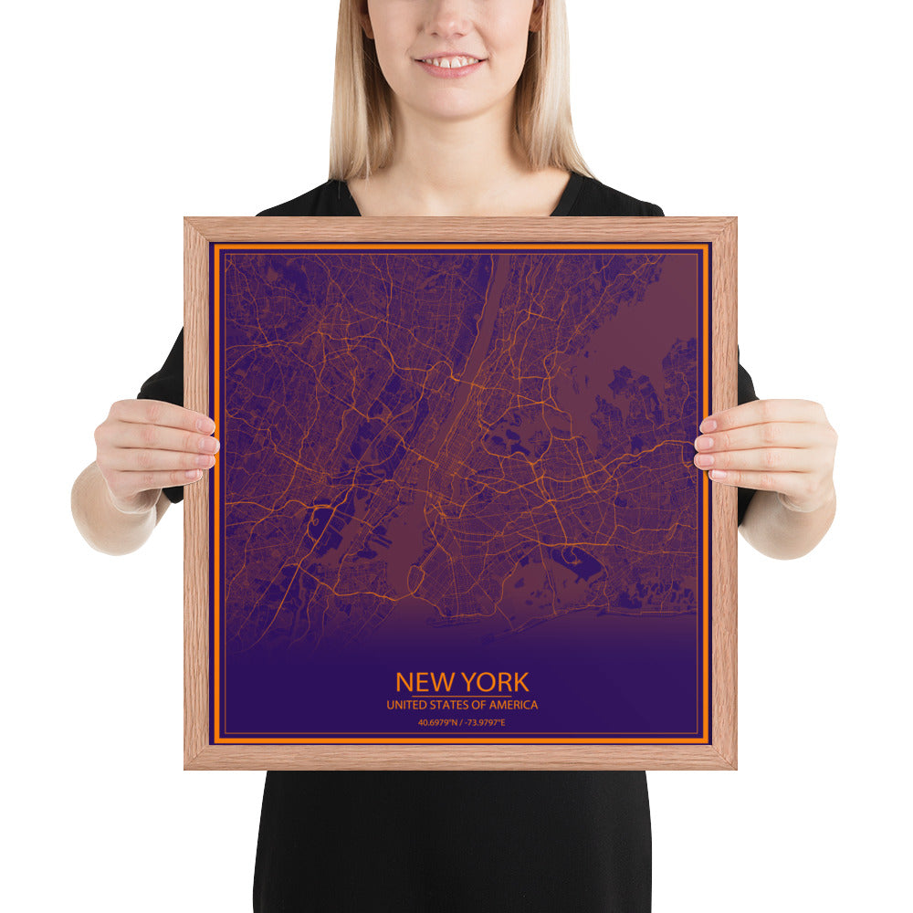 New York Purple and Orange Framed Map