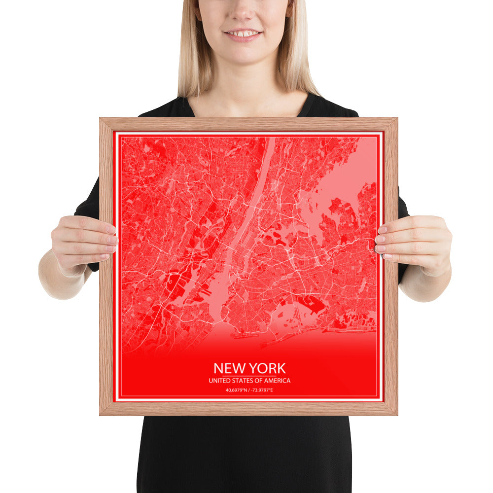 New York Red and White Framed Map