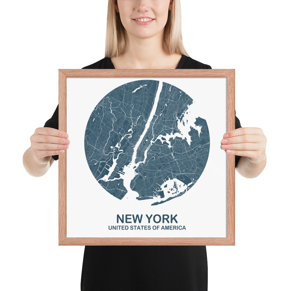 New York Circular Blue Framed Map