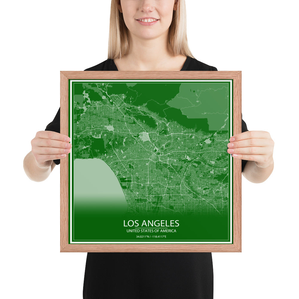 Los Angeles Green and White Framed Map