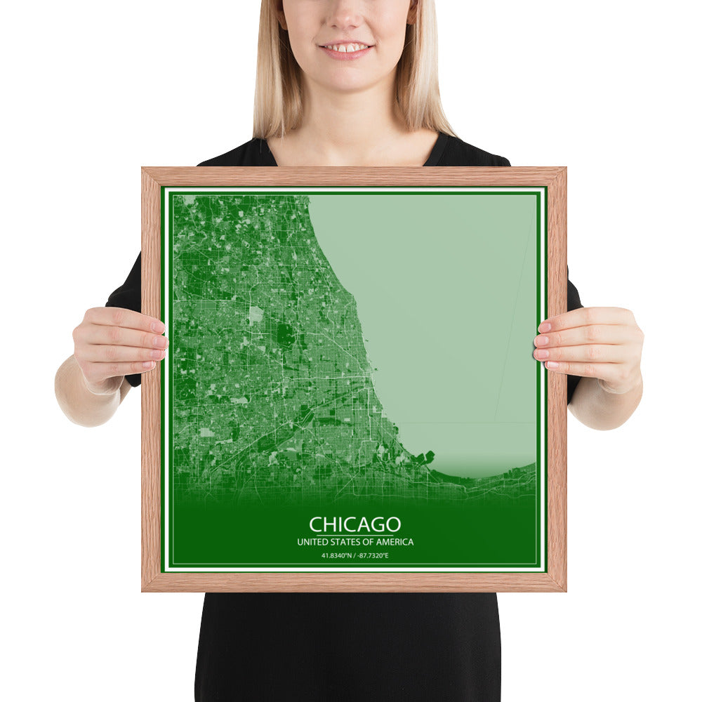 Chicago Green and White Framed Map