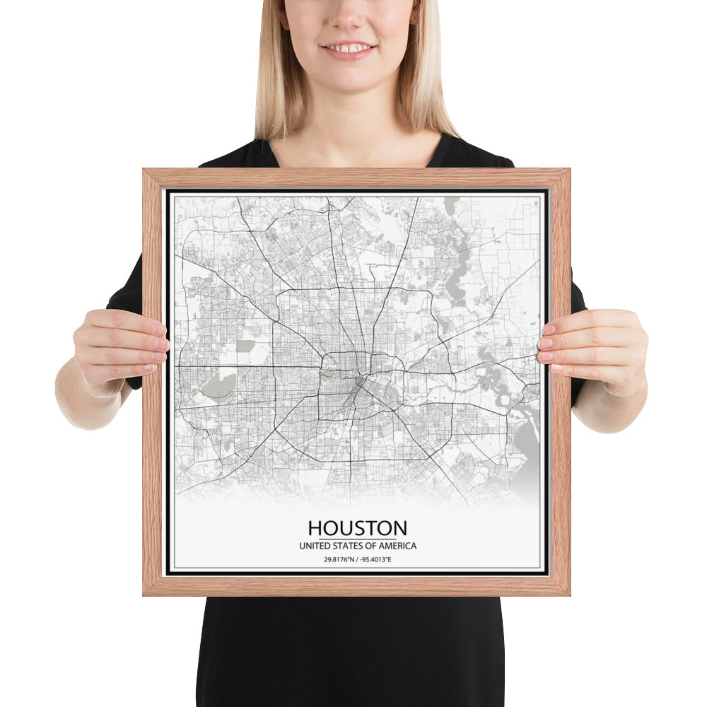 Houston White Framed Map