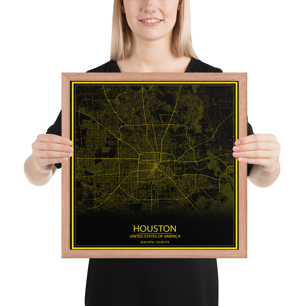 Houston Black and Yellow Framed Map