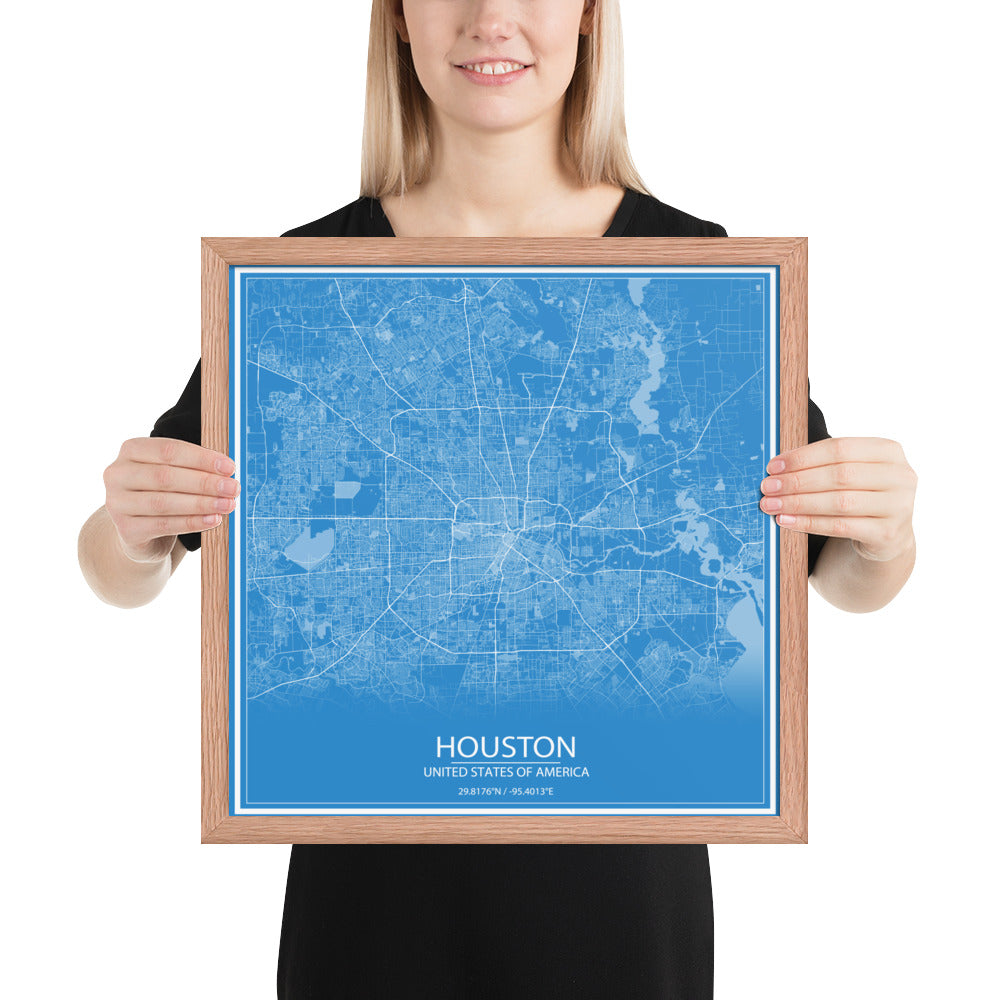 Houston Blue and White Framed Map