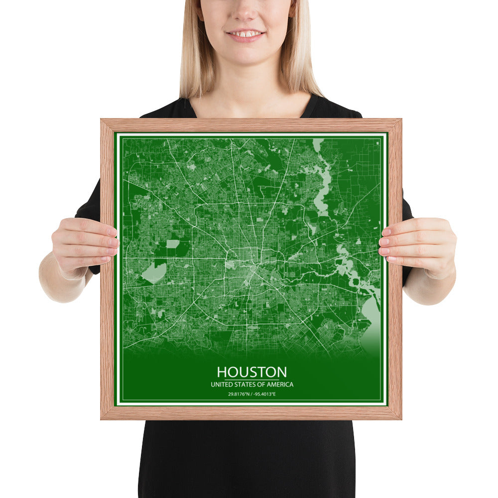 Houston Green and White Framed Map