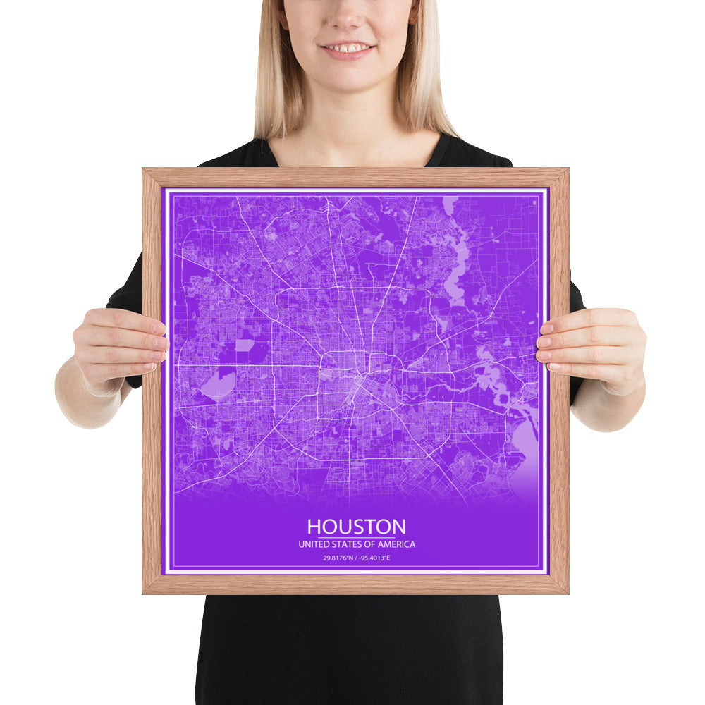 Houston Purple and White Framed Map