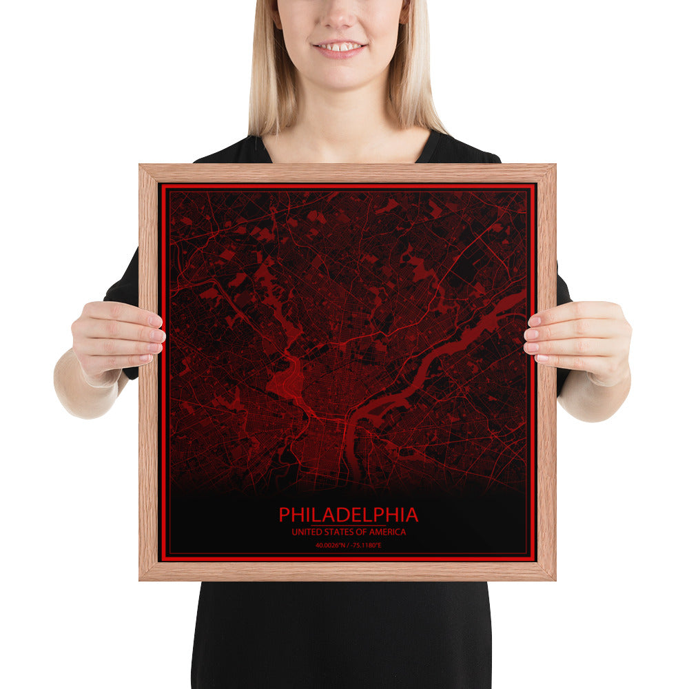 Philadelphia Black and Red Framed Map