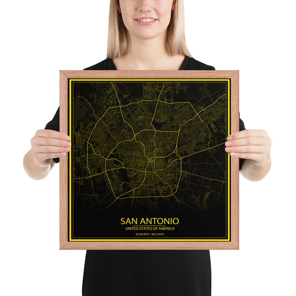 San Antonio Black and Yellow Framed Map