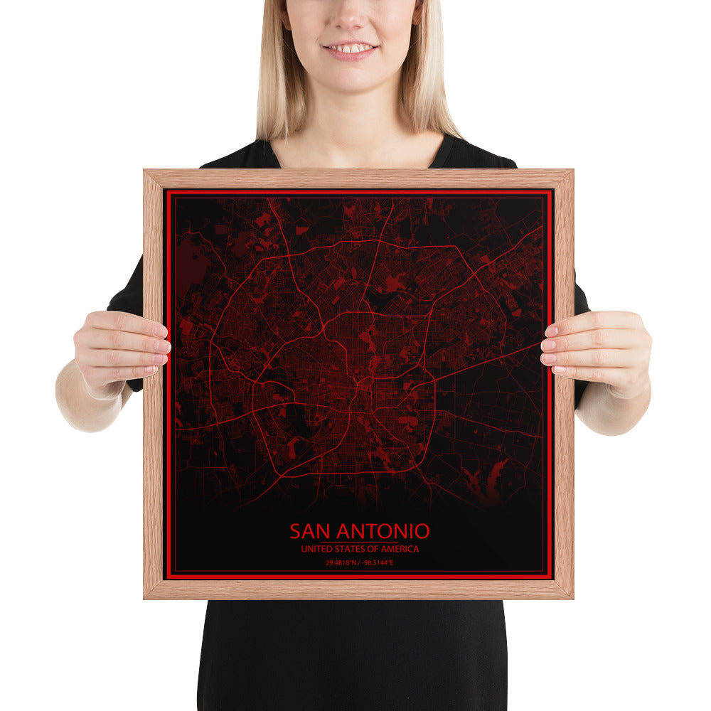 San Antonio Black and Red Framed Map