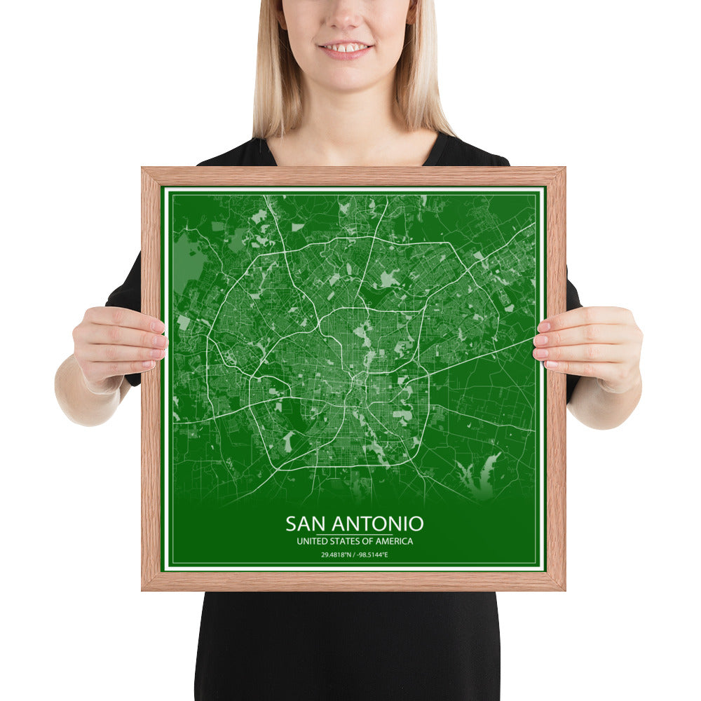 San Antonio Green and White Framed Map