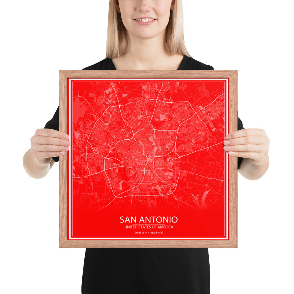 San Antonio Red and White Framed Map