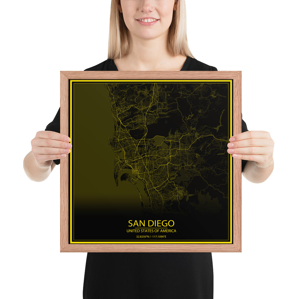 San Diego Black and Yellow Framed Map