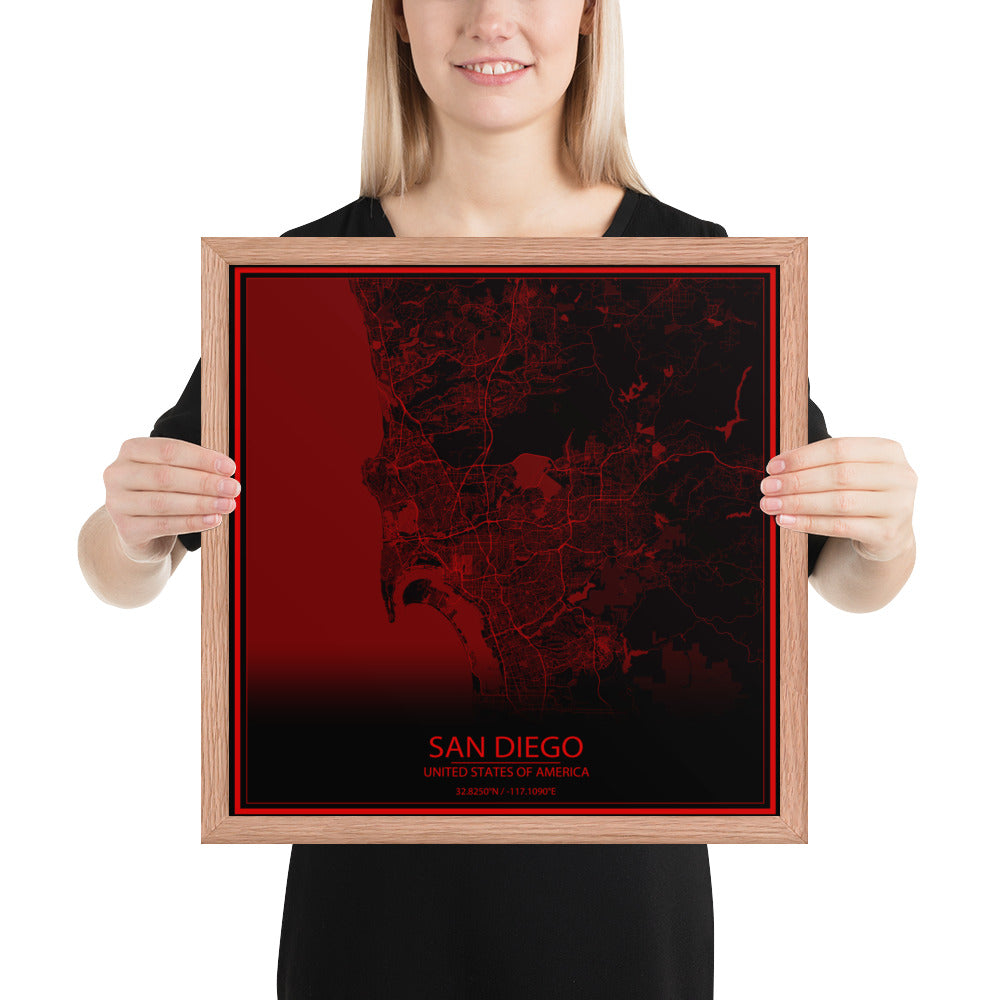 San Diego Black and Red Framed Map