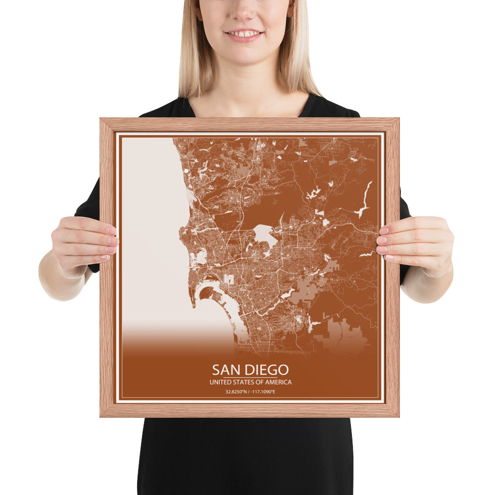 San Diego Brown and White Framed Map