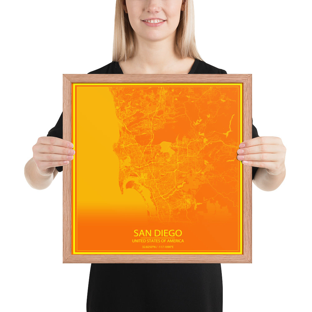 San Diego Orange and Yellow Framed Map