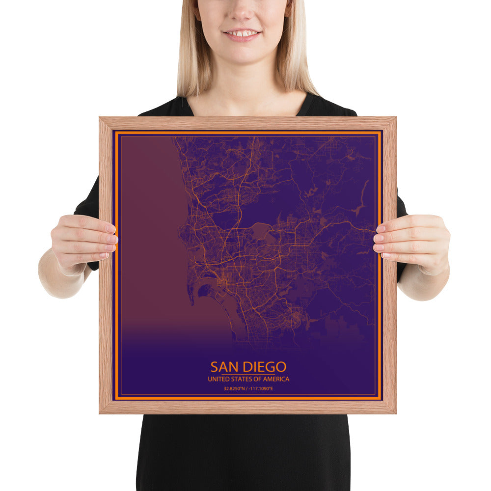 San Diego Purple and Orange Framed Map