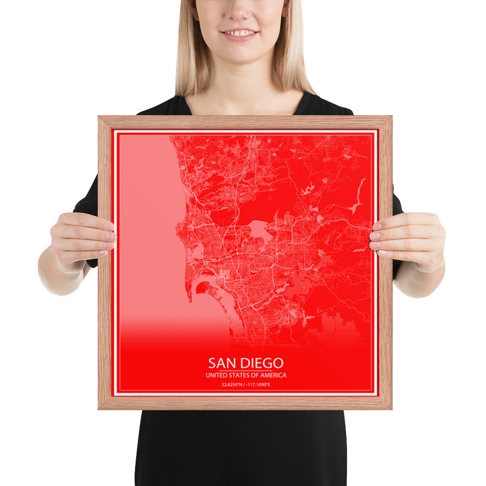 San Diego Red and White Framed Map