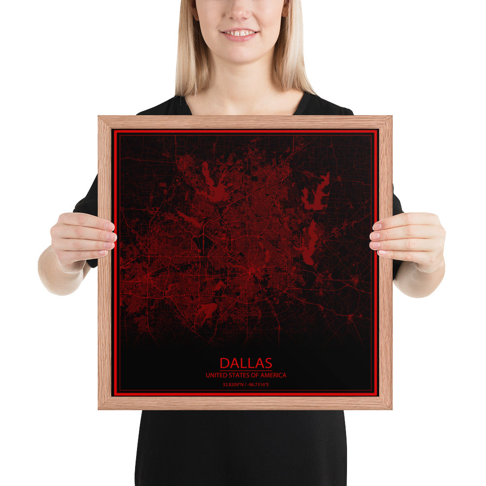 Dallas Black and Red Framed Map