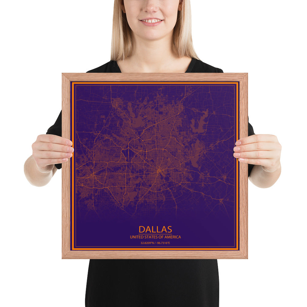 Dallas Purple and Orange Framed Map