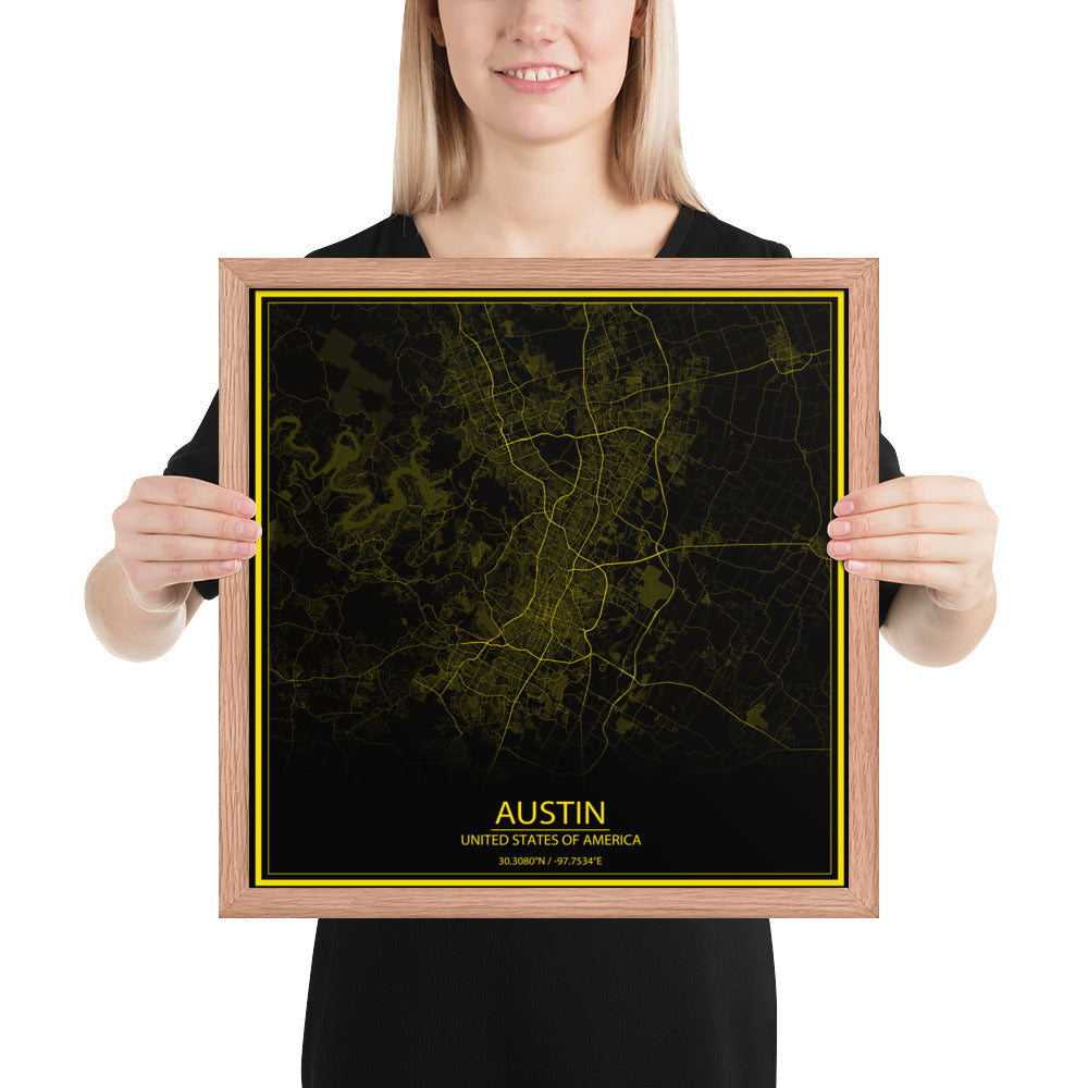 Austin Black and Yellow Framed Map