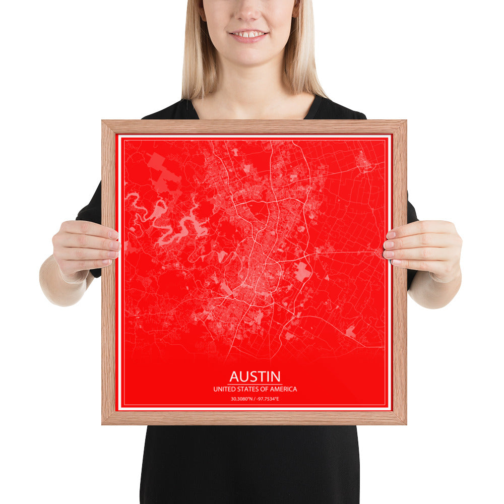 Austin Red and White Framed Map