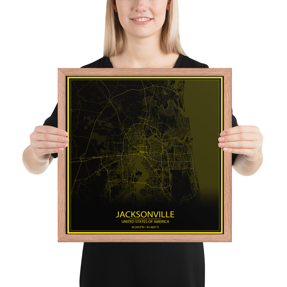 Jacksonville Black and Yellow Framed Map