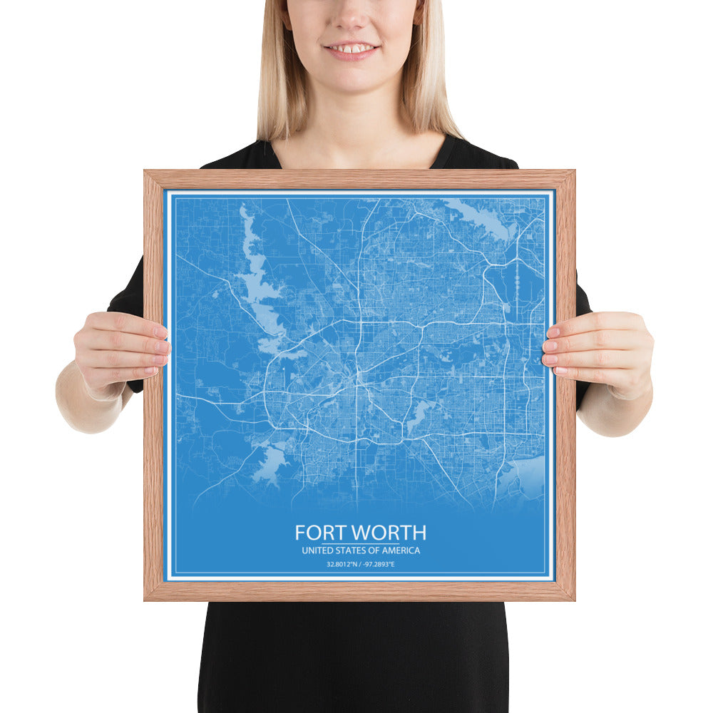 Fort Worth Blue and White Framed Map