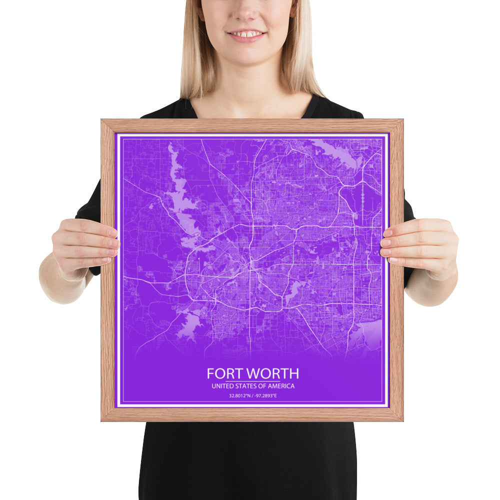 Fort Worth Purple and White Framed Map