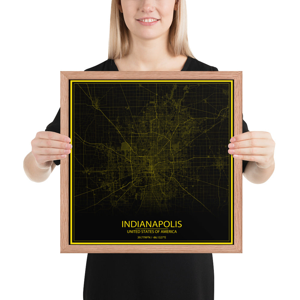 Indianapolis Black and Yellow Framed Map