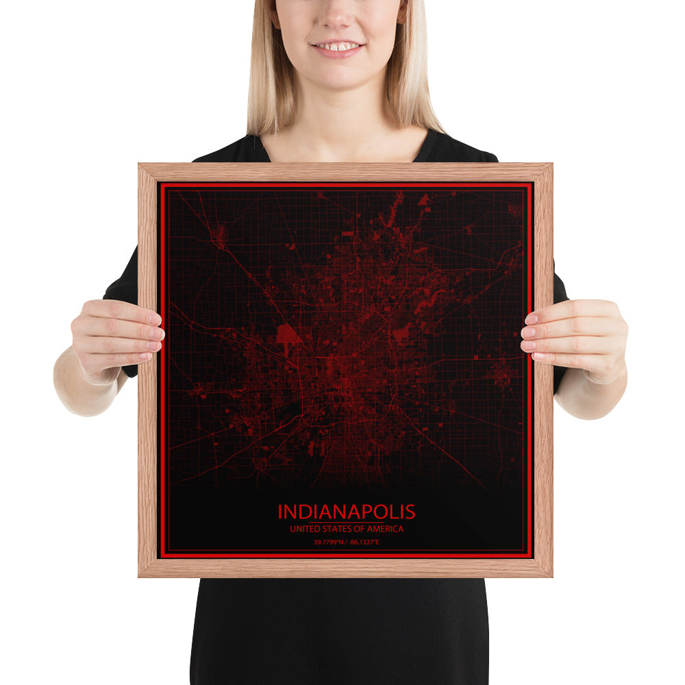 Indianapolis Black and Red Framed Map